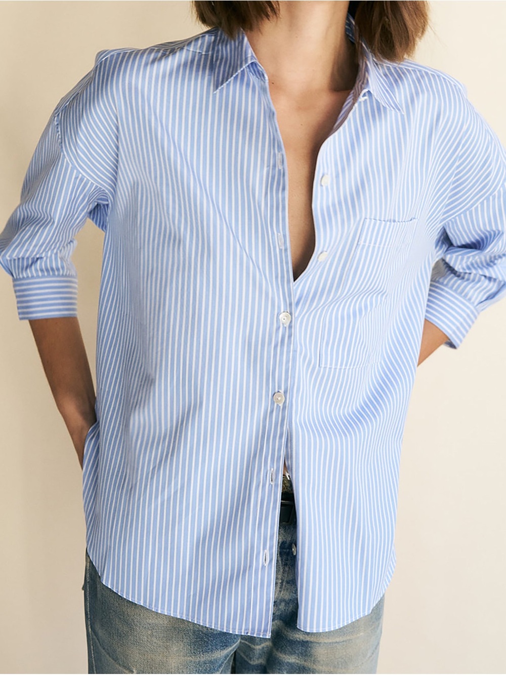 TWP Next Ex blue and white striped button-up shirt
